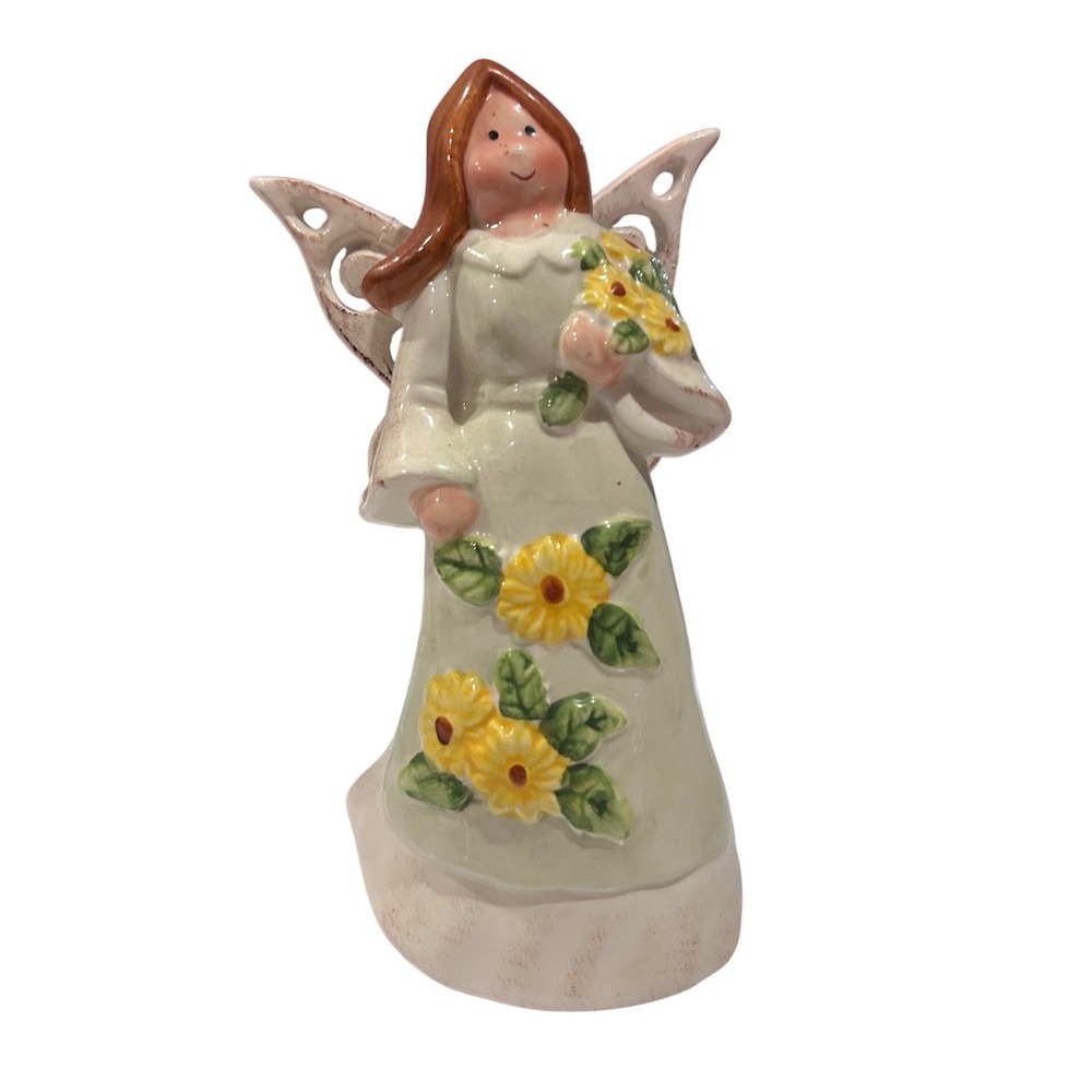 Ceramic Angel Figurine OS Green‎ Yellow Excellent Sunflower Cottagecore